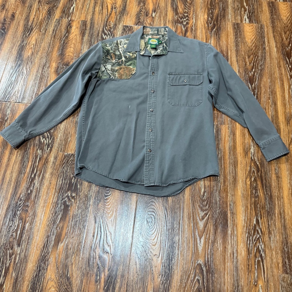 Cabelas M Button Down Shirt Mens Gray Camo Shooting Patch Long Sleeve Top